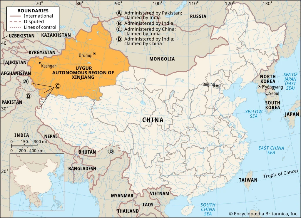 Map of Uyghur Autonomous Region of Xinjiang, China