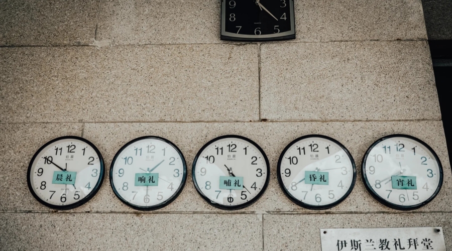 Prayer clocks at Quanzhou Qingjing Mosque display the five daily prayer times