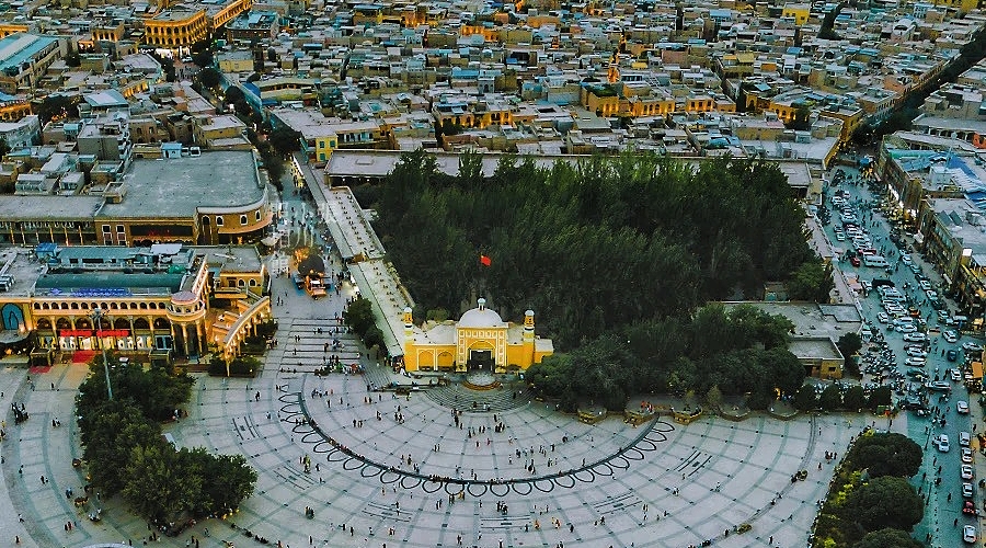 Id Kah Mosque in Xinjiang with a large yellow entrance gate