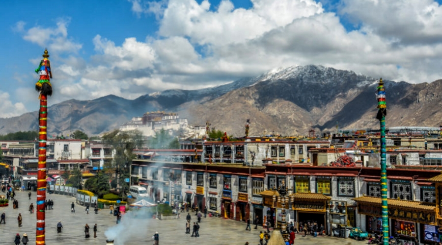 The Potala Palace viewed from the roof of Jokhang Temple in Lhasa